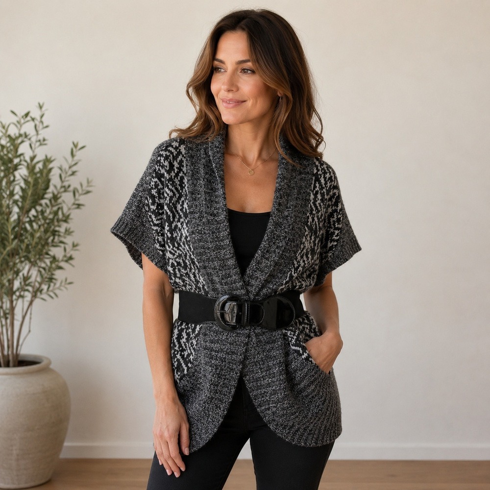 NWT Bisou Bisou Cardigan Women Sz M Black White Belted Short Sleeve Sweater‎